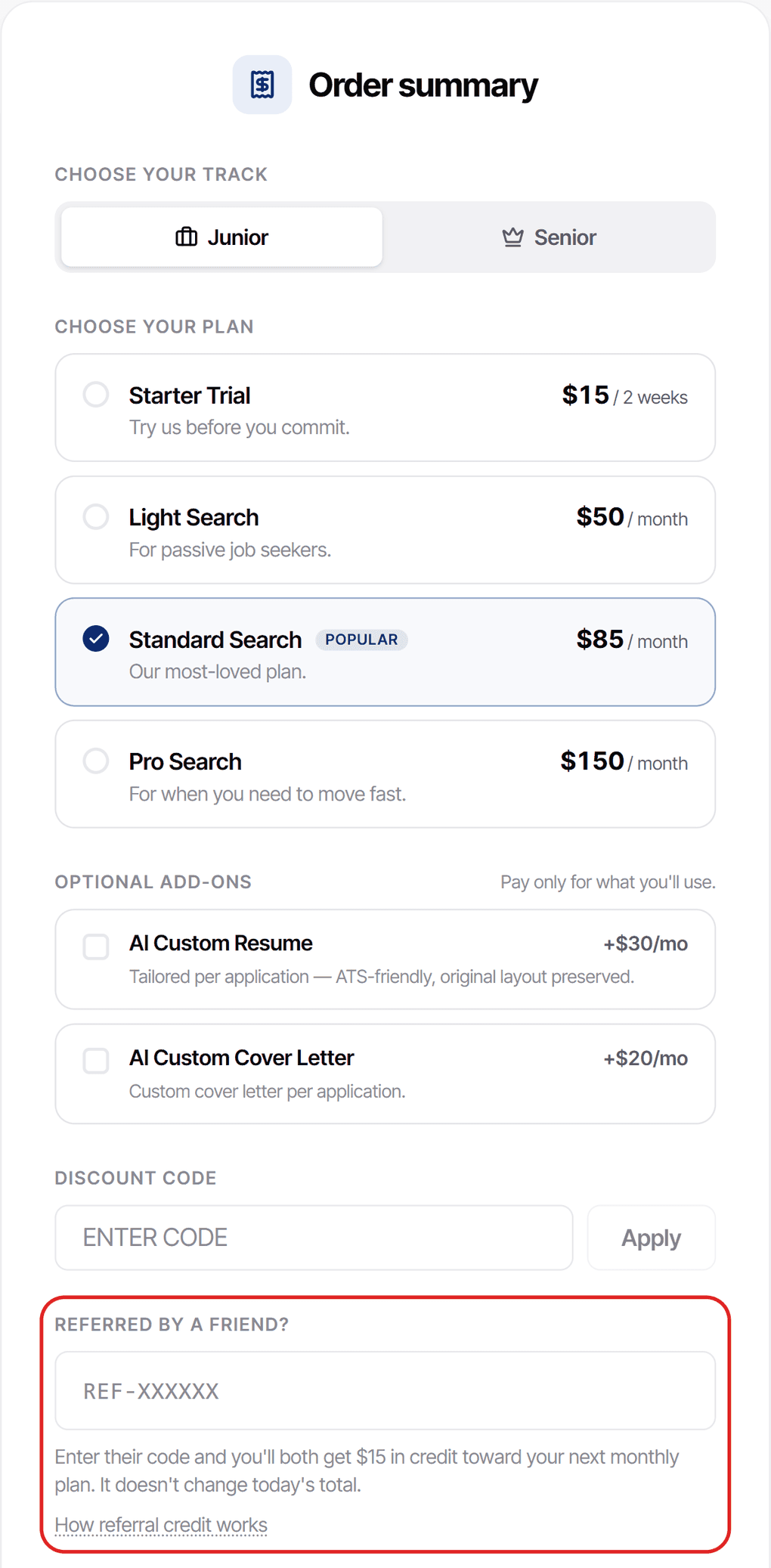 The checkout Order summary card: plan choices, optional add-ons, a Discount code field, and at the bottom, ringed in red, the 'Referred by a friend?' field with a REF-XXXXXX box and the note that entering a code doesn't change today's total.